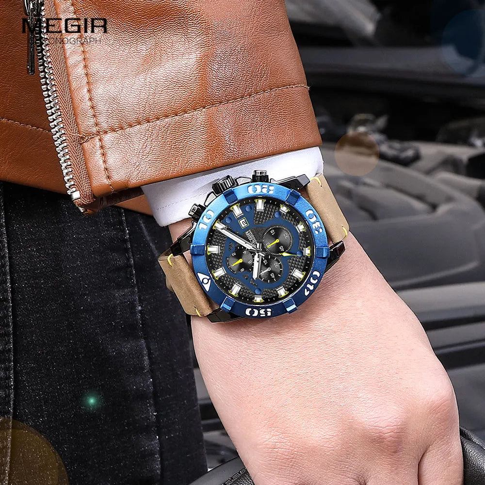 MEGIR Watches Men Fashion Leather Strap Chronograph Quartz Watch for Man Military Sport Waterproof Wristwatch Relogio Часы Reloj