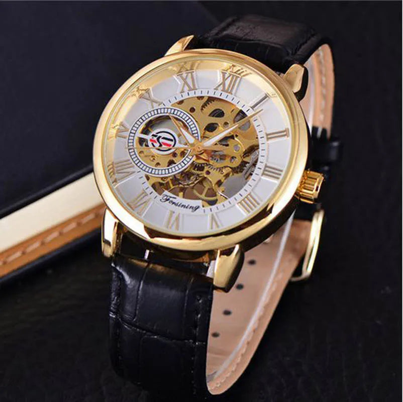 2024 Fashion 3D Logo Engraving Golden leather belt Men Mechanical Watch Forsining Transparent Case Top Brand Luxury Skeleton