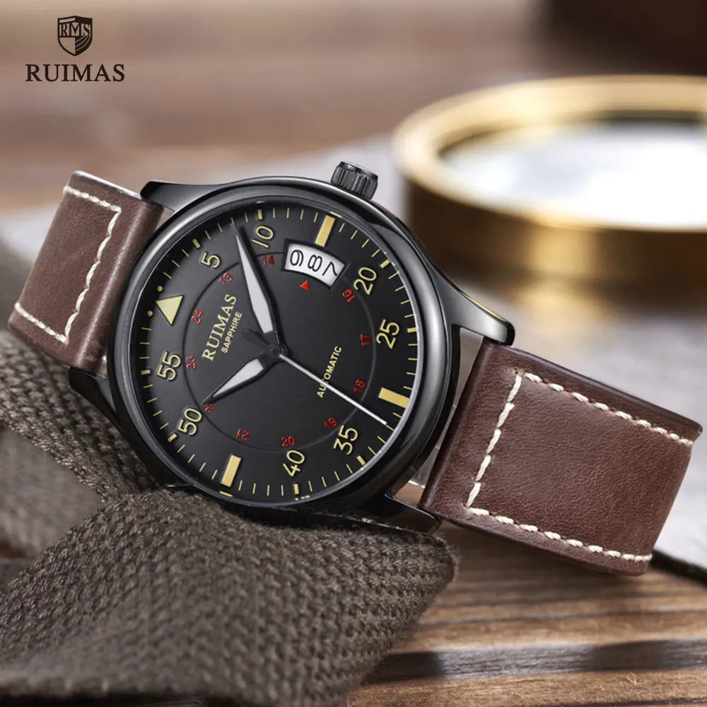 MEGIR & RUIMAS Army Sport Watches Men Leather Strap Waterproof Wristwatch Automatic Mechanical Watch Man Relogio Masculino Clock