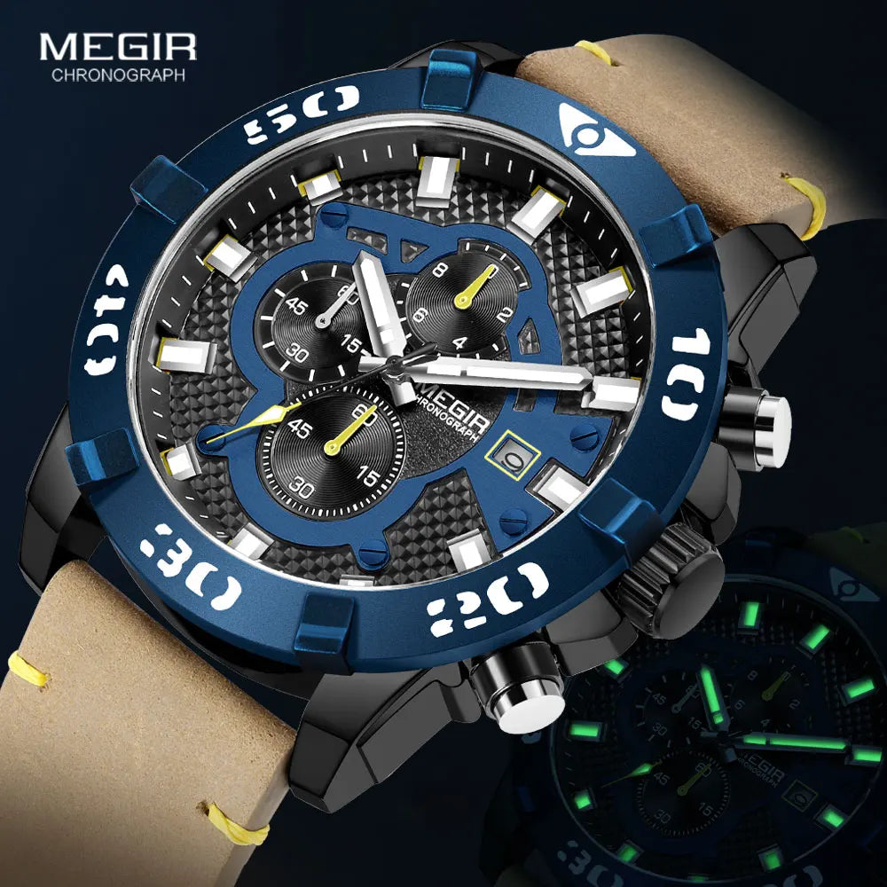 MEGIR Watches Men Fashion Leather Strap Chronograph Quartz Watch for Man Military Sport Waterproof Wristwatch Relogio Часы Reloj