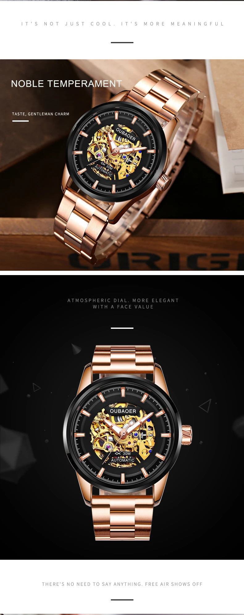 OUBAOER Mens Sports Watches Top Brand Luxury Automatic Mechanical Rose Gold Stainless Steel Watch Men Reloj Mecanico De Hombres