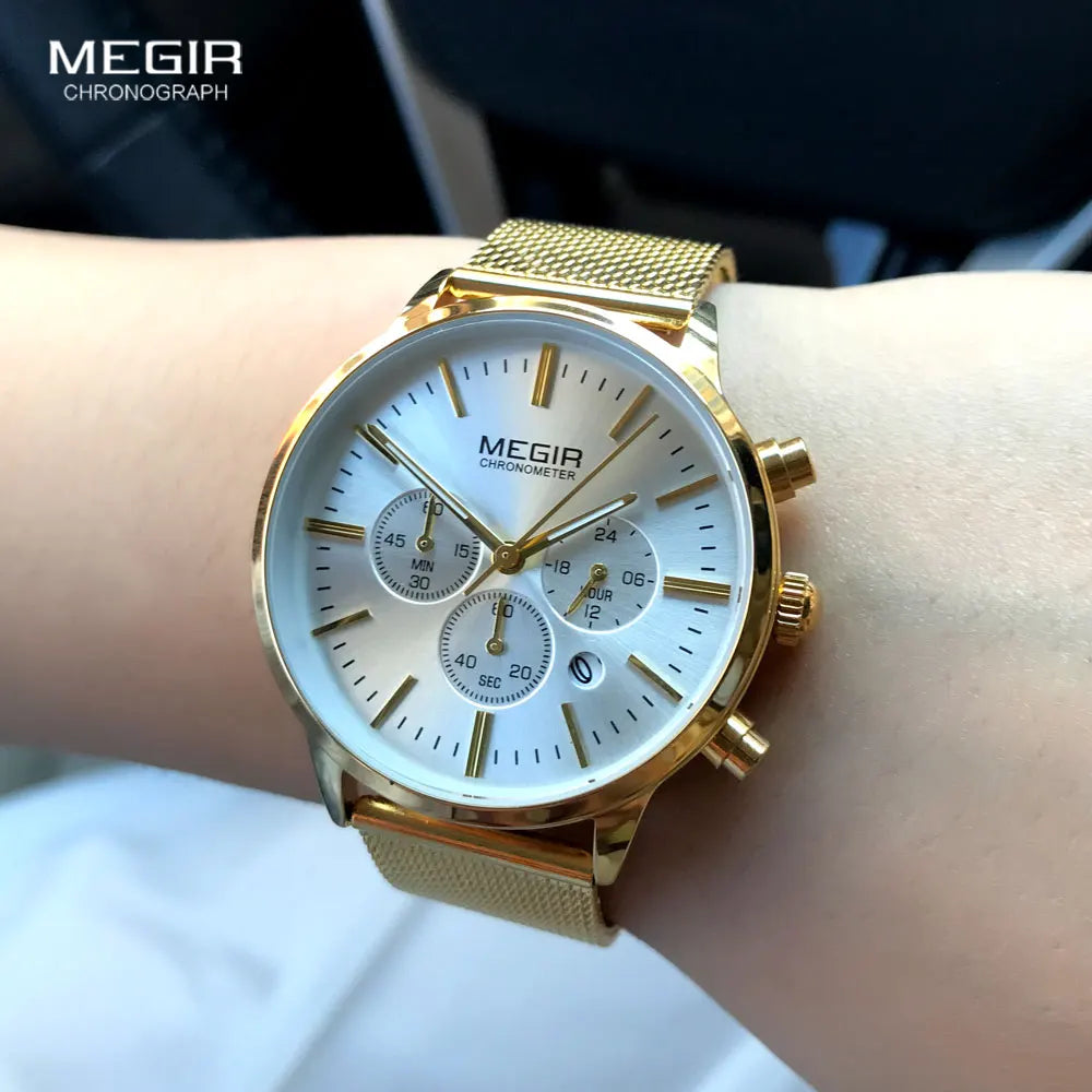 MEGIR Women Stainless Steel Mesh Bracelete Quartz Watches Chronograph 24 Hours Date Display Analogue Wristwatch for Lady 2011L