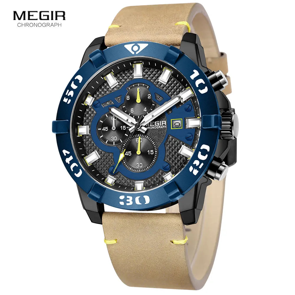 MEGIR Watches Men Fashion Leather Strap Chronograph Quartz Watch for Man Military Sport Waterproof Wristwatch Relogio Часы Reloj