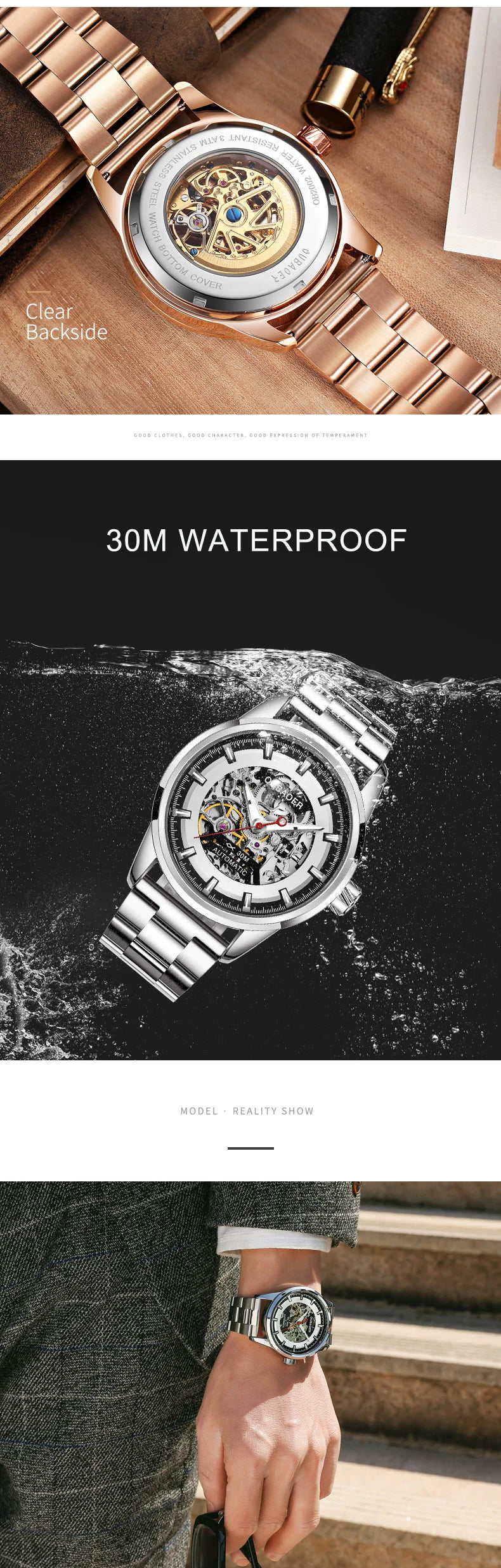 OUBAOER Mens Sports Watches Top Brand Luxury Automatic Mechanical Rose Gold Stainless Steel Watch Men Reloj Mecanico De Hombres