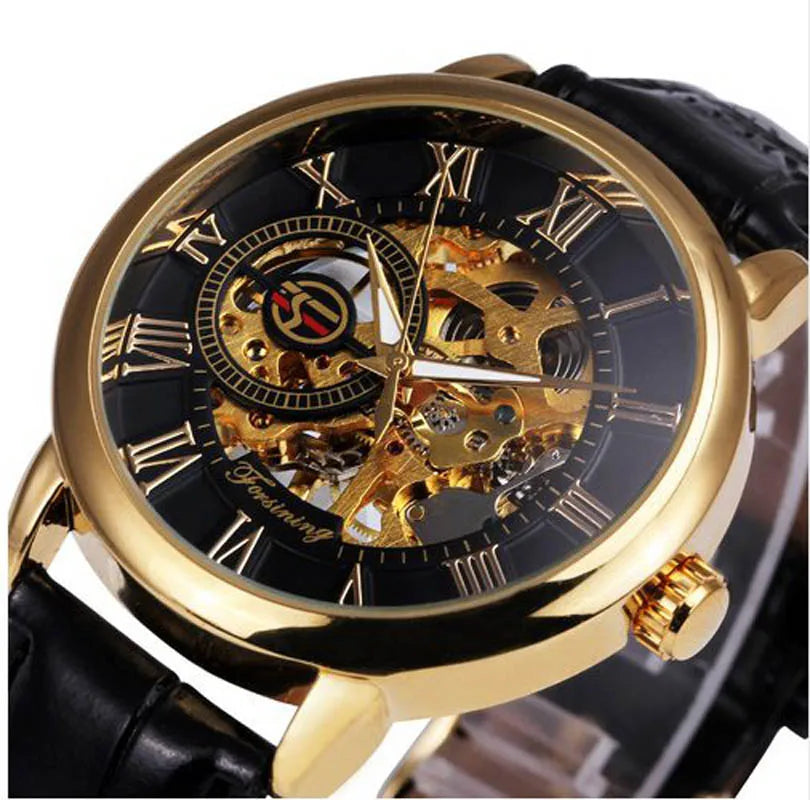 2024 Fashion 3D Logo Engraving Golden leather belt Men Mechanical Watch Forsining Transparent Case Top Brand Luxury Skeleton