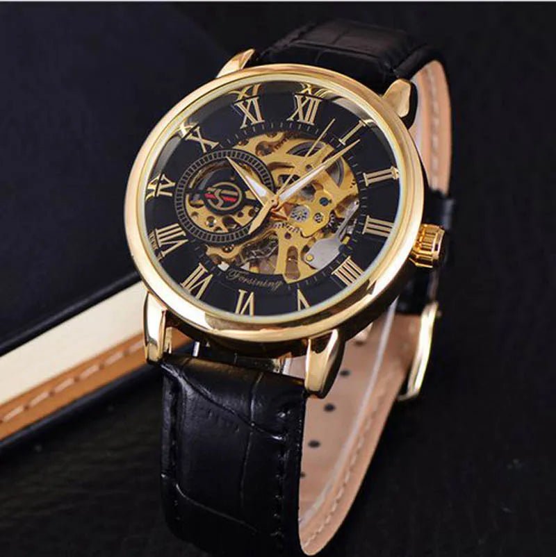 2024 Fashion 3D Logo Engraving Golden leather belt Men Mechanical Watch Forsining Transparent Case Top Brand Luxury Skeleton