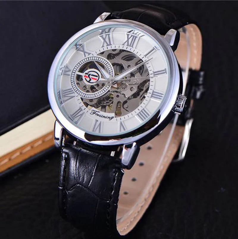 2024 Fashion 3D Logo Engraving Golden leather belt Men Mechanical Watch Forsining Transparent Case Top Brand Luxury Skeleton