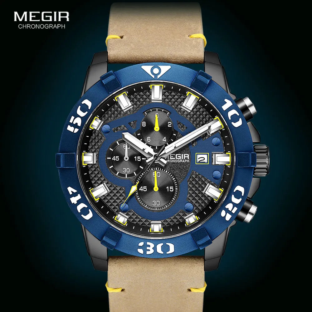 MEGIR Watches Men Fashion Leather Strap Chronograph Quartz Watch for Man Military Sport Waterproof Wristwatch Relogio Часы Reloj