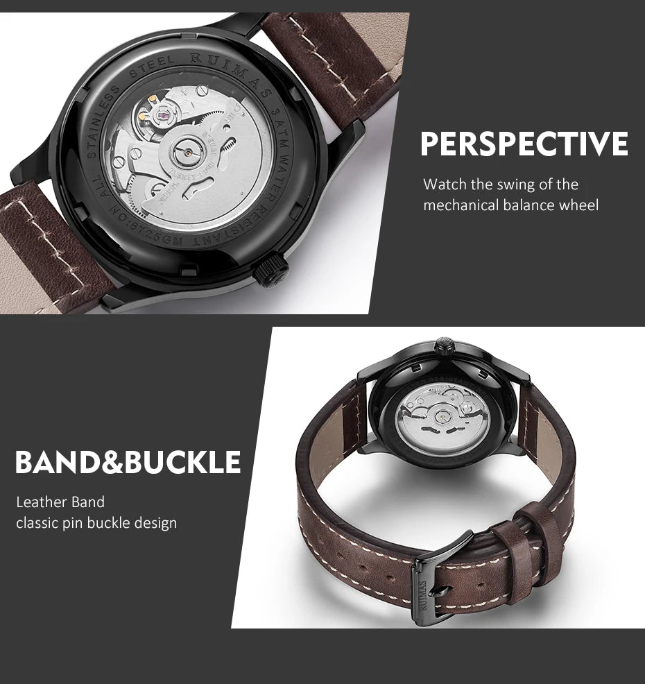 MEGIR & RUIMAS Army Sport Watches Men Leather Strap Waterproof Wristwatch Automatic Mechanical Watch Man Relogio Masculino Clock