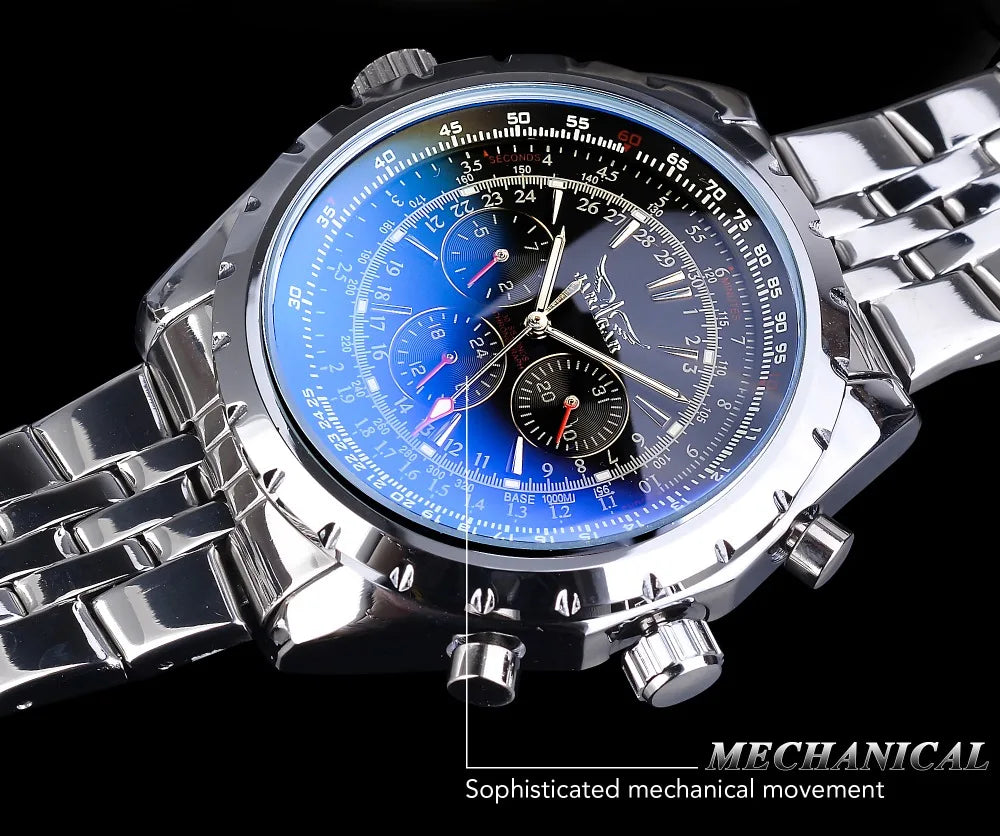 Jaragar Blue Glass Design Black Silver Automatic Watch Stainless Steel Date Clock Luminous Men Business Mechanical Wristwatch