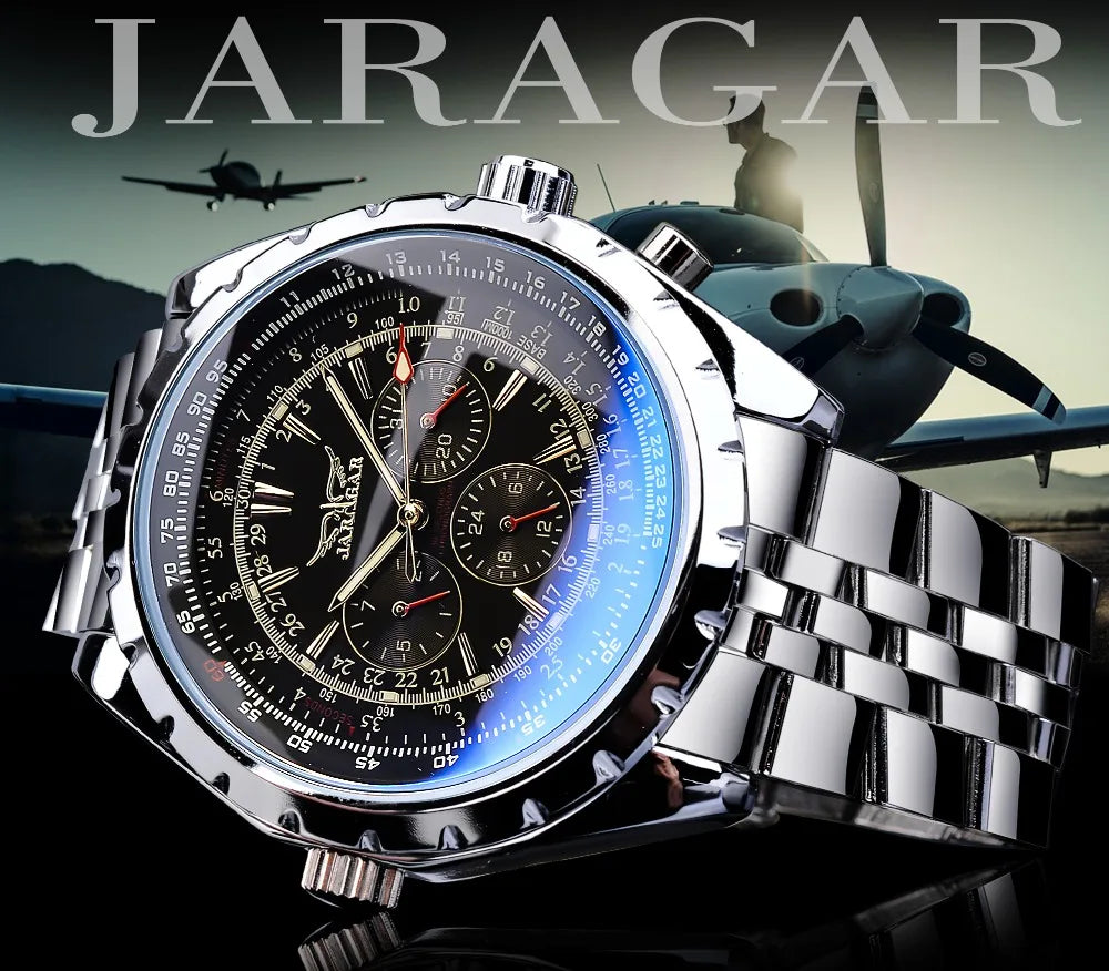 Jaragar Blue Glass Design Black Silver Automatic Watch Stainless Steel Date Clock Luminous Men Business Mechanical Wristwatch