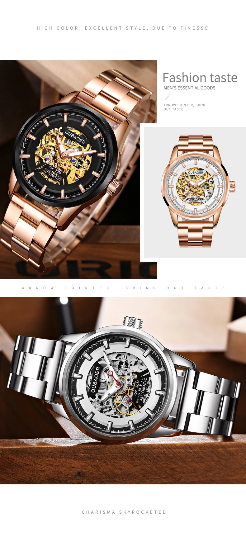 OUBAOER Mens Sports Watches Top Brand Luxury Automatic Mechanical Rose Gold Stainless Steel Watch Men Reloj Mecanico De Hombres