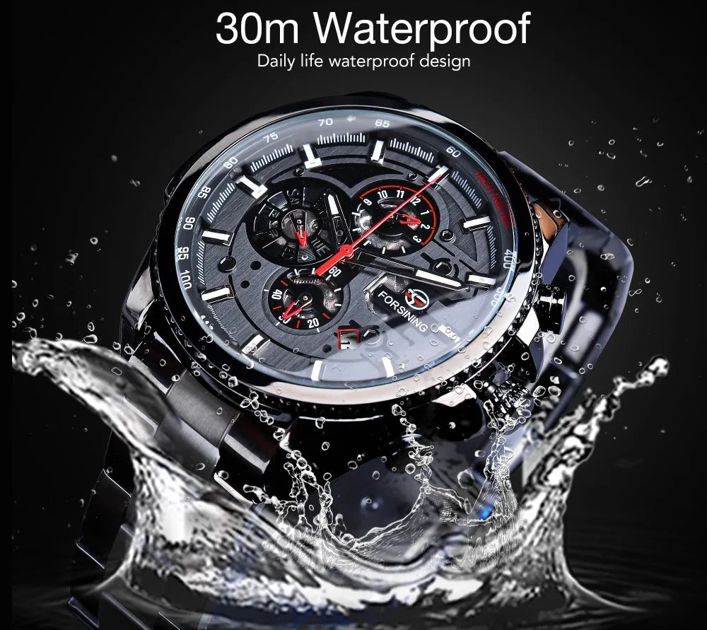 Forsining Three Dial Calendar Stainless Steel Men Mechanical Automatic Wrist Watches Top Brand Luxury Military Sport Male Clock