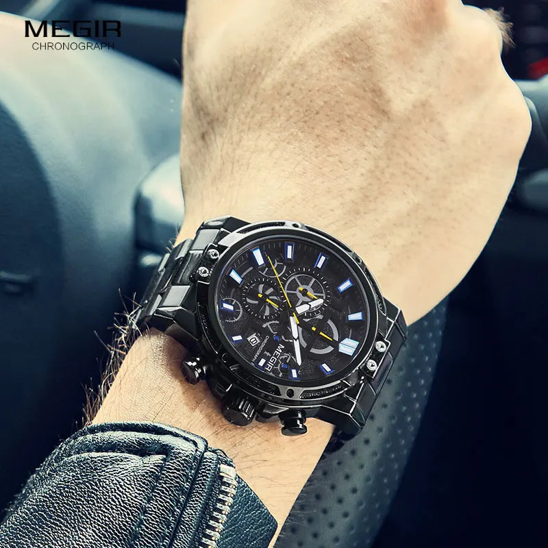 MEGIR 2019 Men's Business Quartz Watches Army Sports Chronograph Wristwatch Man Top Brand Luxury Relogios Masculinos 2108 Black