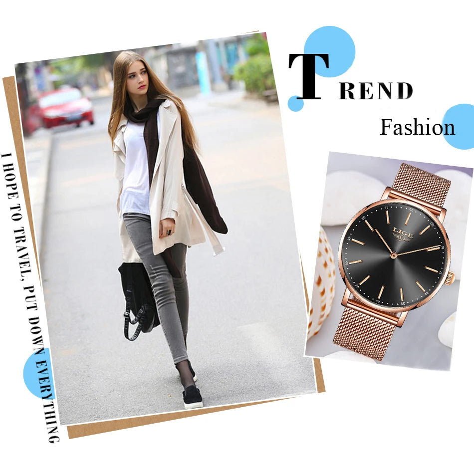 2023 LIGE New Rose Gold Women Watch Business Quartz Watch Ladies Top Brand Luxury Female Wrist Watch Girl Clock Relogio Feminin