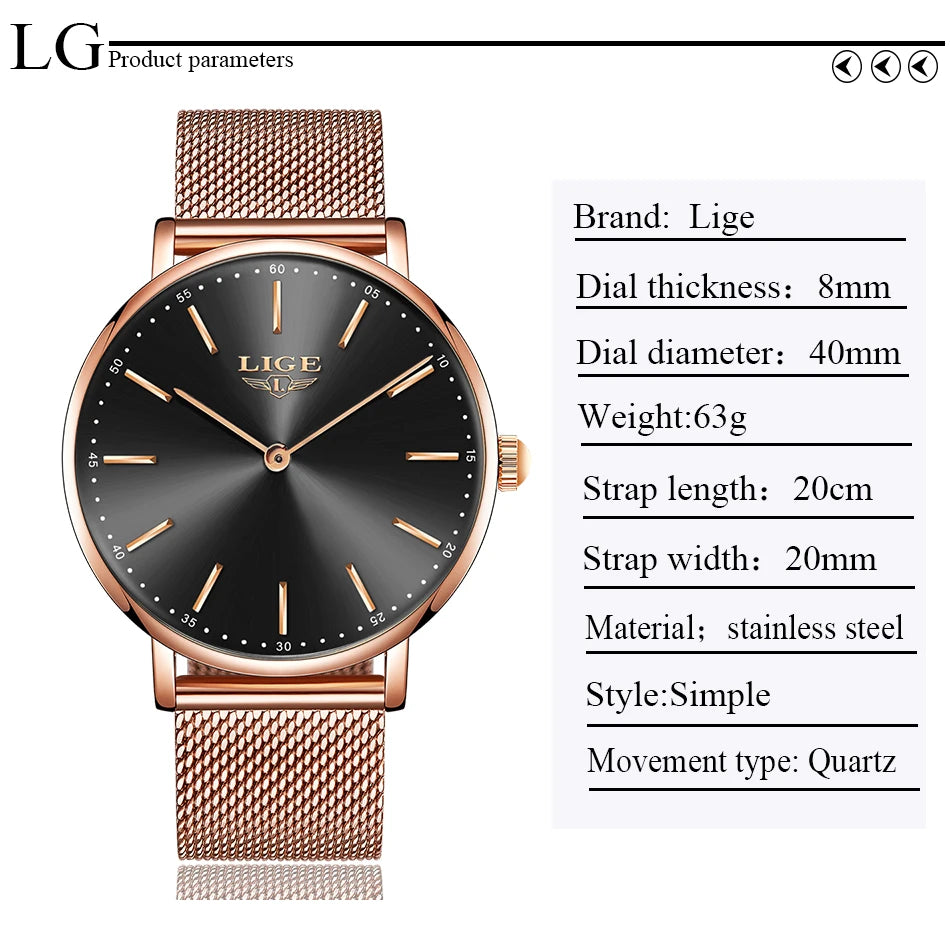 2023 LIGE New Rose Gold Women Watch Business Quartz Watch Ladies Top Brand Luxury Female Wrist Watch Girl Clock Relogio Feminin