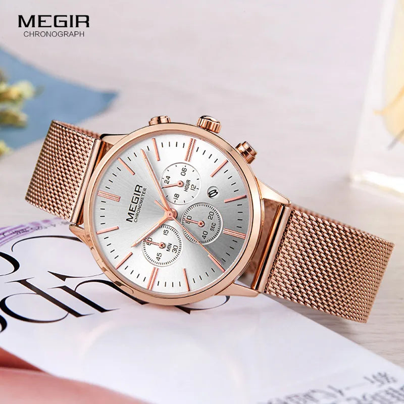 MEGIR Women Stainless Steel Mesh Bracelete Quartz Watches Chronograph 24 Hours Date Display Analogue Wristwatch for Lady 2011L