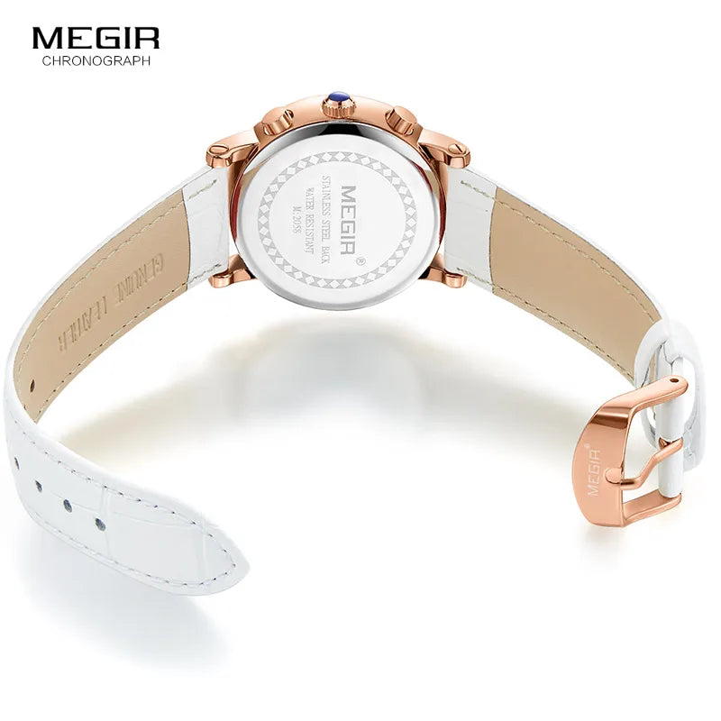 Megir Woman's Chronograph Quartz Watch with 24 Hours and Calendar Display White Leather Strap Wrist Stopwatches for Ladies 2058L