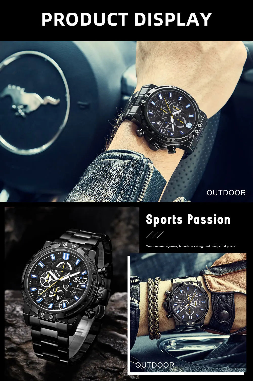 MEGIR 2019 Men's Business Quartz Watches Army Sports Chronograph Wristwatch Man Top Brand Luxury Relogios Masculinos 2108 Black