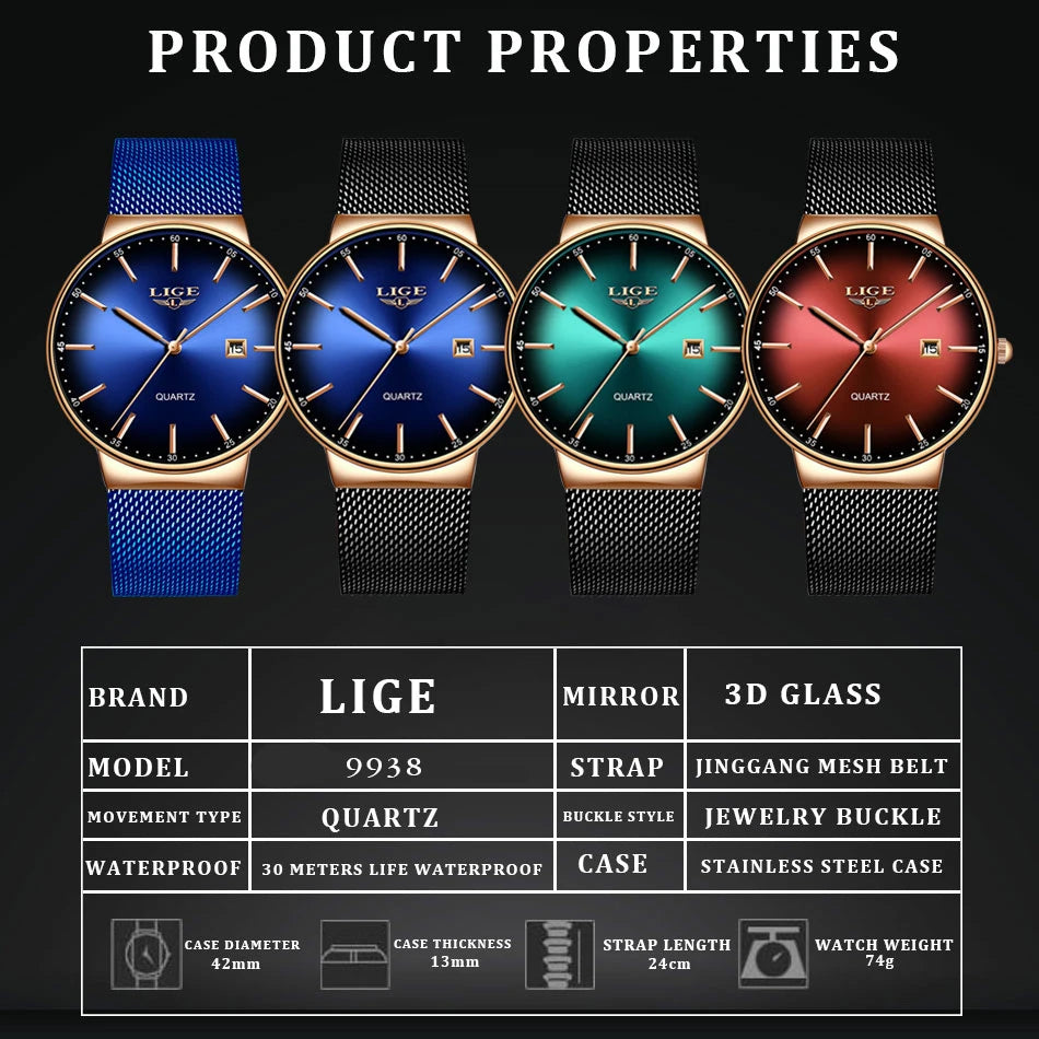 LIGE Sports Date Mens Watches Top Brand Luxury Waterproof Fashion Cool Watch Men Ultra Thin Dial Quartz Watch Relogio Masculino