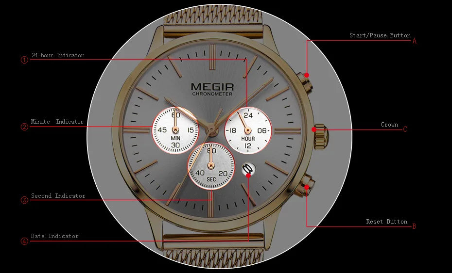 MEGIR Women Stainless Steel Mesh Bracelete Quartz Watches Chronograph 24 Hours Date Display Analogue Wristwatch for Lady 2011L