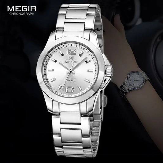 MEGIR Women's Simple Round Dial Quartz Watches Stainless Steel Waterproof Wristwatch for woman MS5006L