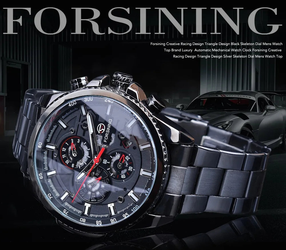 Forsining Three Dial Calendar Stainless Steel Men Mechanical Automatic Wrist Watches Top Brand Luxury Military Sport Male Clock