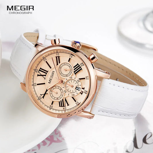 Megir Woman's Chronograph Quartz Watch with 24 Hours and Calendar Display White Leather Strap Wrist Stopwatches for Ladies 2058L