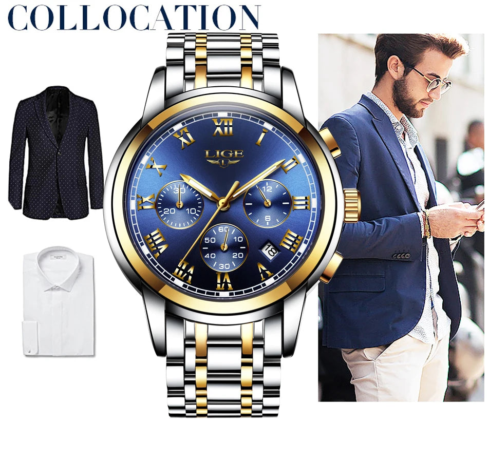 LIGE Mens Watches Top Brand Luxury Fashion Quartz Gold Watch Men's Business Stainless Steel Waterproof Clock Relogio Masculino