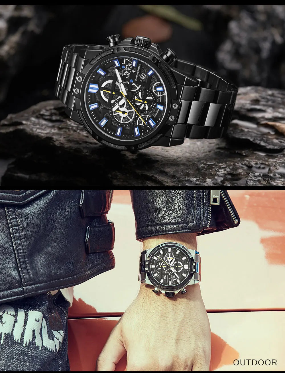 MEGIR 2019 Men's Business Quartz Watches Army Sports Chronograph Wristwatch Man Top Brand Luxury Relogios Masculinos 2108 Black