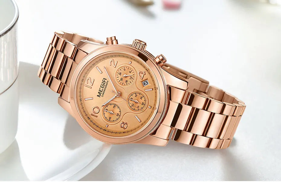 Megir Ladies Watch Chronograph Quartz Watches Women Top Brand Luxury Rose Gold Wristwatch Relogio Feminino часы женские 2057