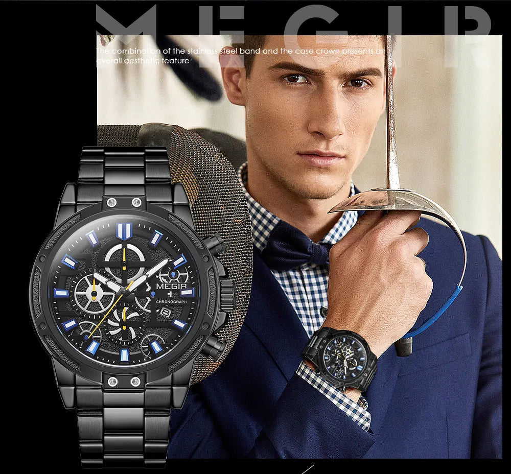 MEGIR 2019 Men's Business Quartz Watches Army Sports Chronograph Wristwatch Man Top Brand Luxury Relogios Masculinos 2108 Black