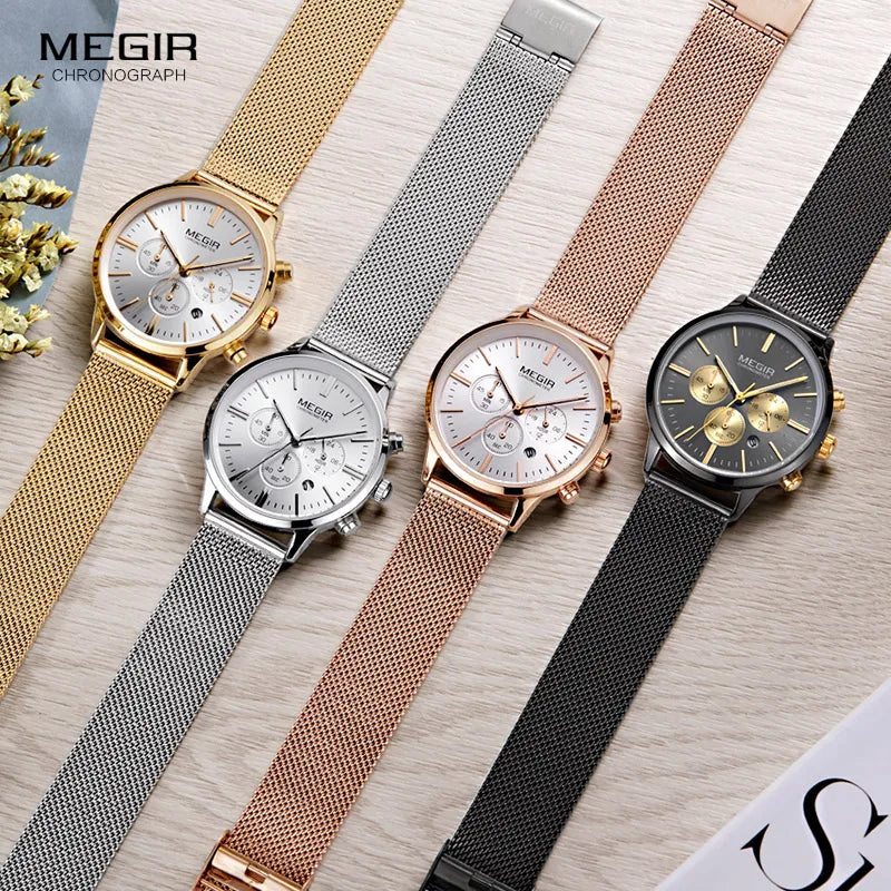 MEGIR Women Stainless Steel Mesh Bracelete Quartz Watches Chronograph 24 Hours Date Display Analogue Wristwatch for Lady 2011L