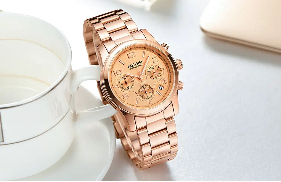 Megir Ladies Watch Chronograph Quartz Watches Women Top Brand Luxury Rose Gold Wristwatch Relogio Feminino часы женские 2057