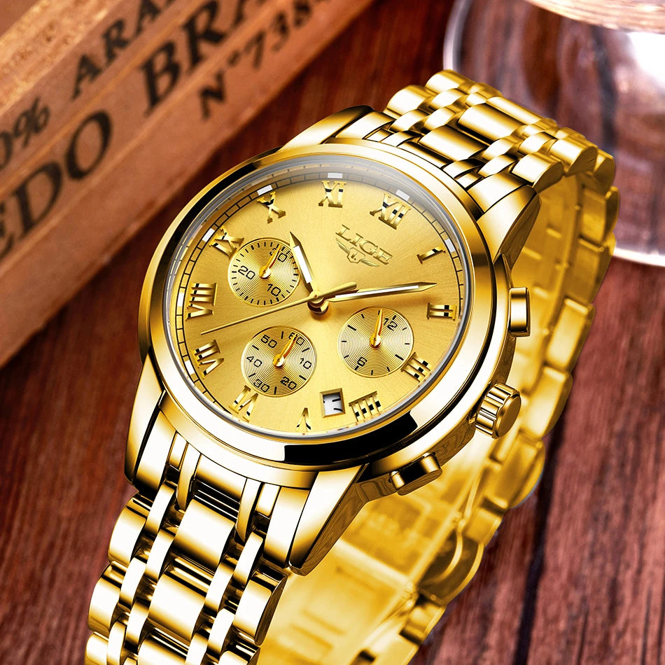 LIGE Mens Watches Top Brand Luxury Fashion Quartz Gold Watch Men's Business Stainless Steel Waterproof Clock Relogio Masculino