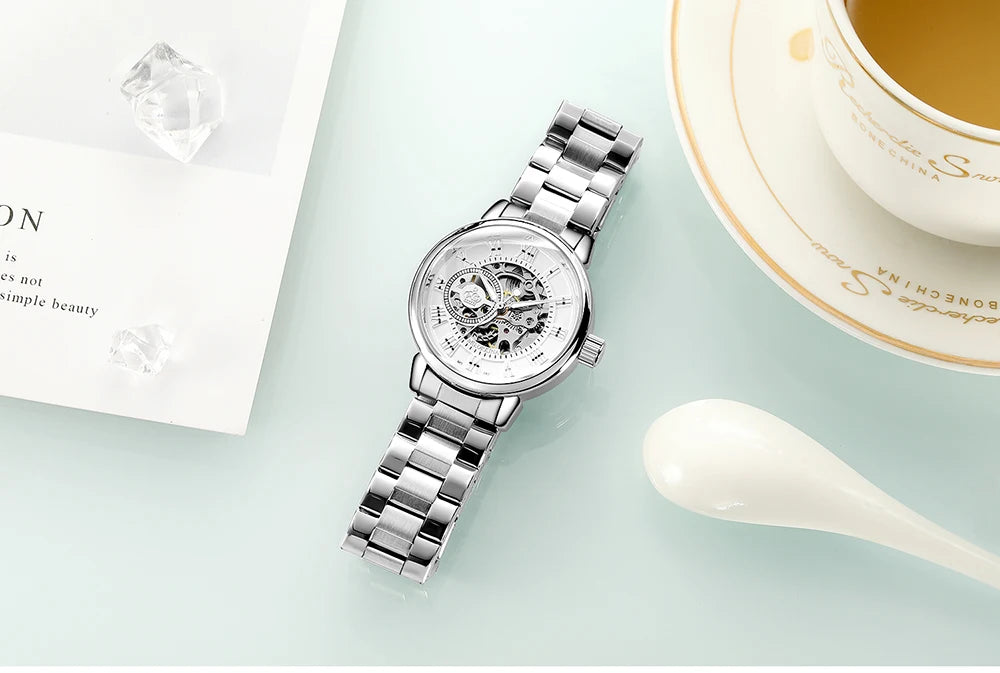 ORKINA Mechanical Women Bracelet Watch Skeleton Automatic Wristwatch Mesh Stainless Steel Band Female Clock Chic Reloj Mujer