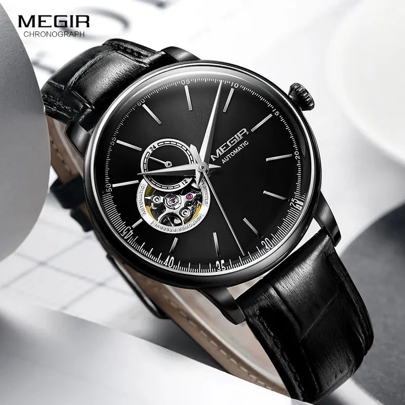 MEGIR Men's Leather Strap Mechanical Hand Wind Watches Fashion Casual Business Wristwatch for Man Waterproof 5 Bar 62057G-BK-1