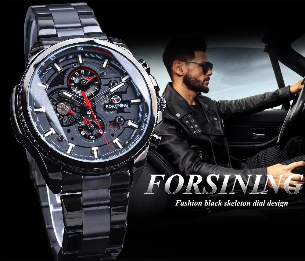 Forsining Three Dial Calendar Stainless Steel Men Mechanical Automatic Wrist Watches Top Brand Luxury Military Sport Male Clock