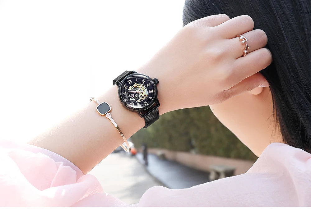 ORKINA Mechanical Women Bracelet Watch Skeleton Automatic Wristwatch Mesh Stainless Steel Band Female Clock Chic Reloj Mujer