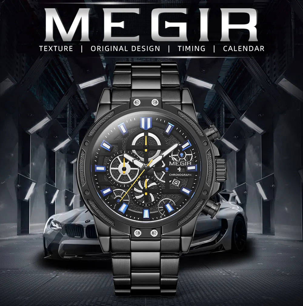 MEGIR 2019 Men's Business Quartz Watches Army Sports Chronograph Wristwatch Man Top Brand Luxury Relogios Masculinos 2108 Black