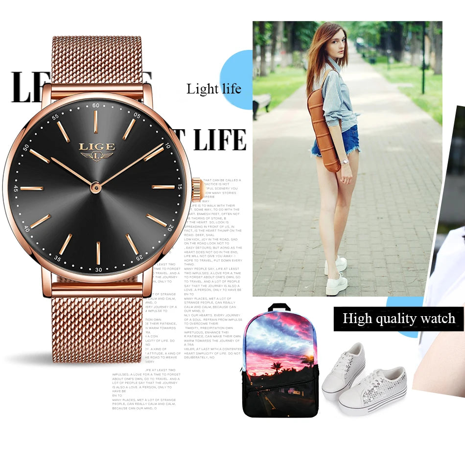 2023 LIGE New Rose Gold Women Watch Business Quartz Watch Ladies Top Brand Luxury Female Wrist Watch Girl Clock Relogio Feminin