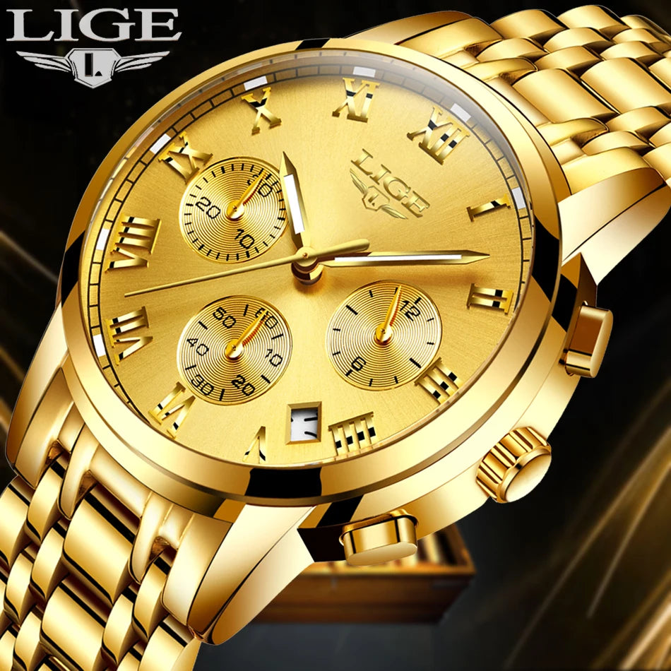 LIGE Mens Watches Top Brand Luxury Fashion Quartz Gold Watch Men's Business Stainless Steel Waterproof Clock Relogio Masculino