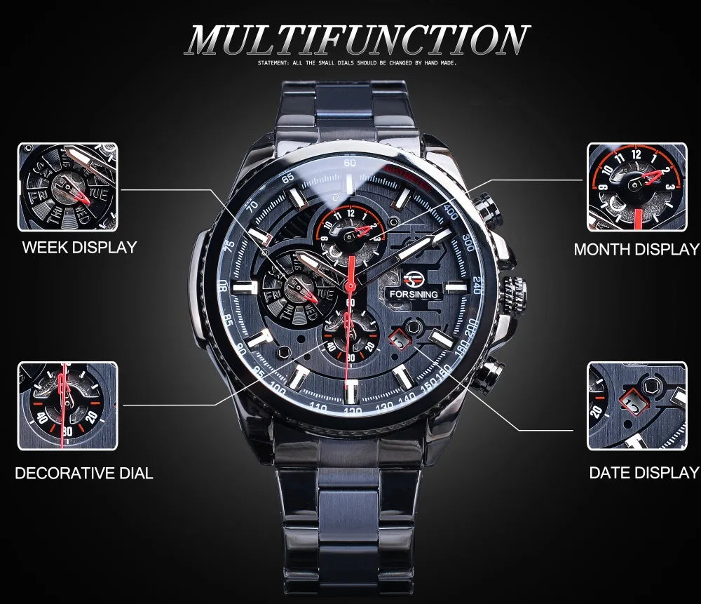 Forsining Three Dial Calendar Stainless Steel Men Mechanical Automatic Wrist Watches Top Brand Luxury Military Sport Male Clock