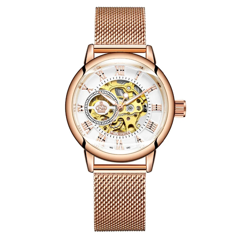 ORKINA Mechanical Women Bracelet Watch Skeleton Automatic Wristwatch Mesh Stainless Steel Band Female Clock Chic Reloj Mujer