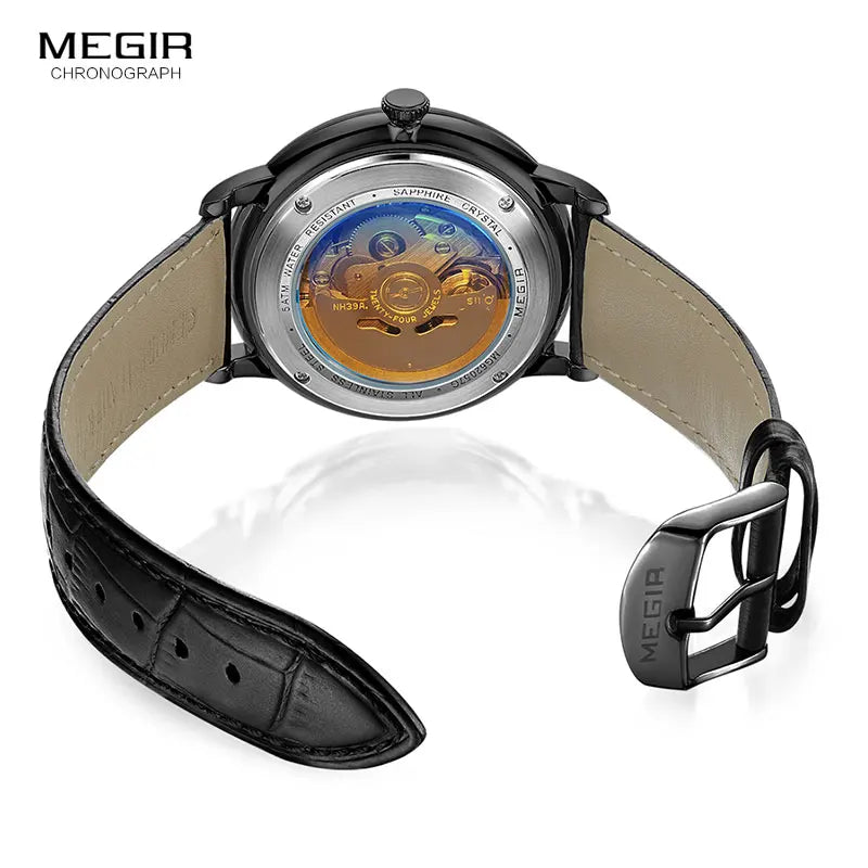 MEGIR Men's Leather Strap Mechanical Hand Wind Watches Fashion Casual Business Wristwatch for Man Waterproof 5 Bar 62057G-BK-1