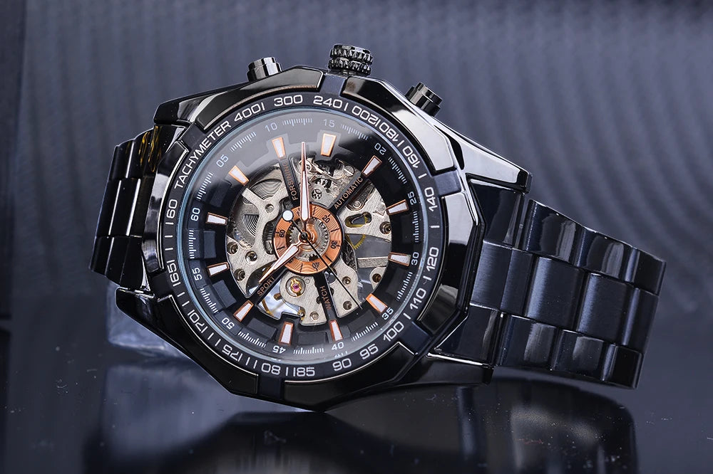 Forsining 2021 Stainless Steel Waterproof Mens Skeleton Watches Top Brand Luxury Transparent Mechanical Sport Male Wrist Watches