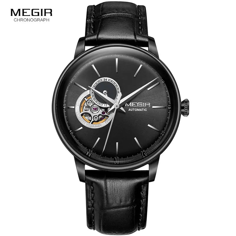 MEGIR Men's Leather Strap Mechanical Hand Wind Watches Fashion Casual Business Wristwatch for Man Waterproof 5 Bar 62057G-BK-1