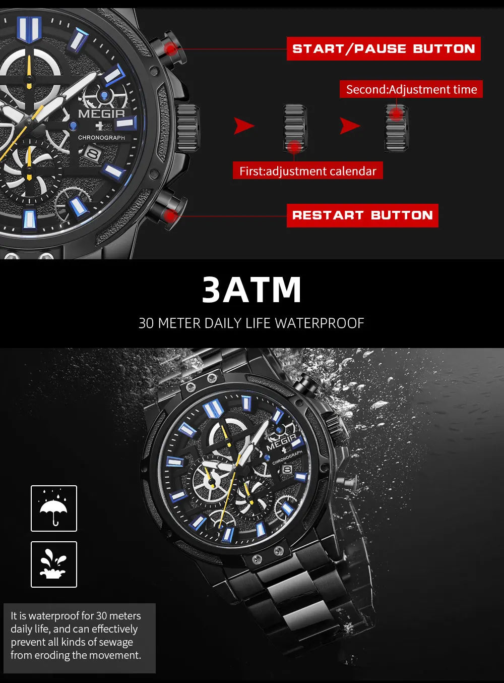 MEGIR 2019 Men's Business Quartz Watches Army Sports Chronograph Wristwatch Man Top Brand Luxury Relogios Masculinos 2108 Black