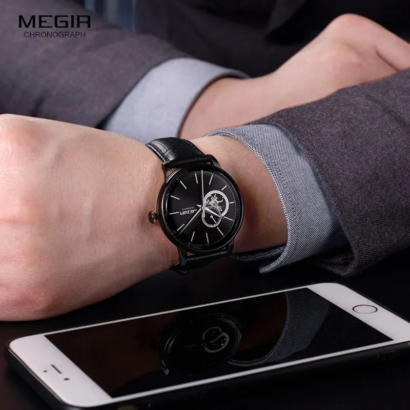 MEGIR Men's Leather Strap Mechanical Hand Wind Watches Fashion Casual Business Wristwatch for Man Waterproof 5 Bar 62057G-BK-1