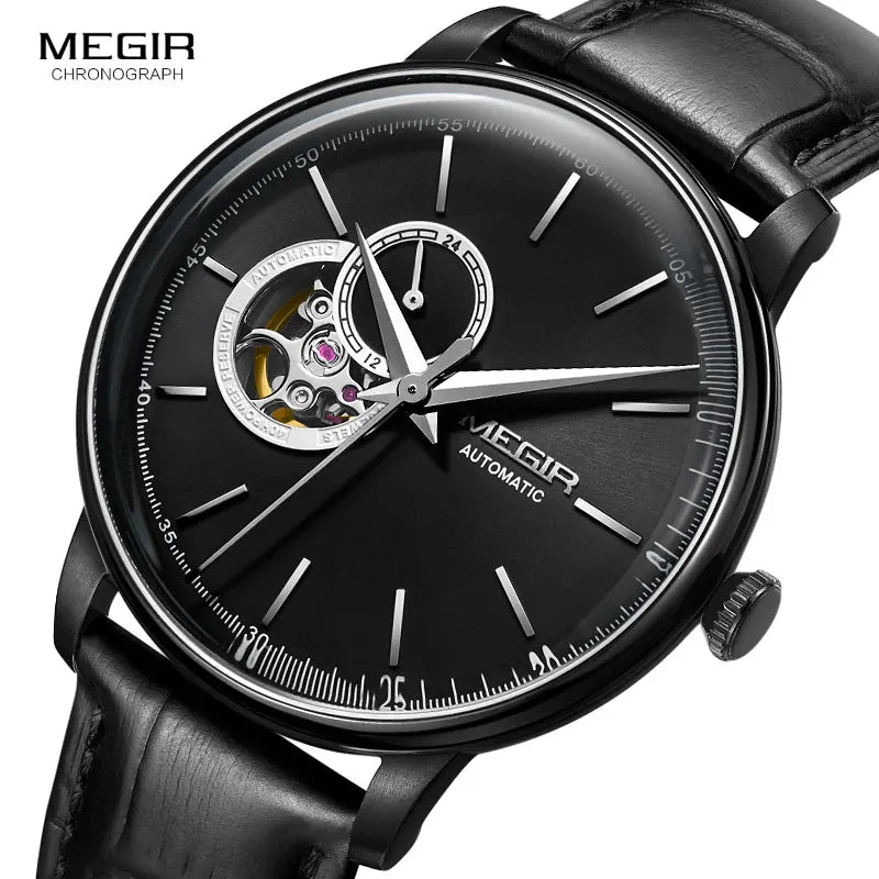 MEGIR Men's Leather Strap Mechanical Hand Wind Watches Fashion Casual Business Wristwatch for Man Waterproof 5 Bar 62057G-BK-1